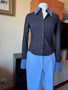 John Richmond Cotton Shirt with Blue Denim Collar and Cuffs